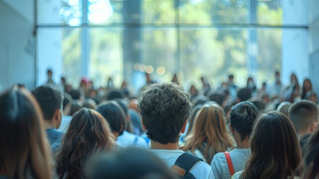 A detailed view of a school orientation day with new students and staff meeting, with a clean background and lots of copy space for orientation details