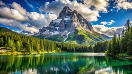 A majestic mountain peak rises above a serene alpine lake, surrounded by lush green forests and towering rocky cliffs, under a brilliant blue sky with puffy white clouds.