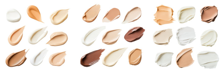 Diverse cosmetic cream swatches showcasing a range of skin tones for foundation testing or beauty product exploration..isolated on transparent or white background, png