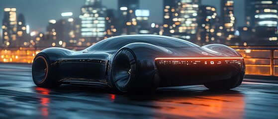 Sleek and modern autonomous concept car driving across a city bridge