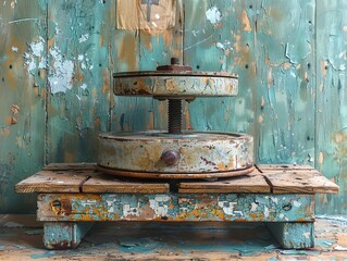 Old rusty industrial tool on a wooden table against a teal chipped paint wooden background.