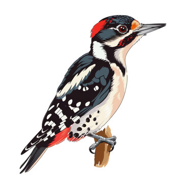recommend clip art: A colorful woodpecker with black, white, and red plumage, perched on a branch.