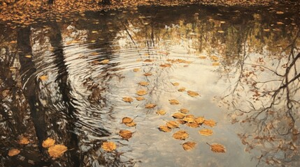 A detailed painting of a stream in autumn, with golden leaves floating on the water and trees reflecting in the calm surface.