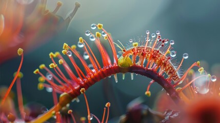  A tight shot of a red-and-yellow flower, adorned with water droplets on its vibrant petals, and a verdant stem