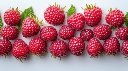 cluster of perfectly ripe raspberries arranged artfully on white background showcasing vibrant red...