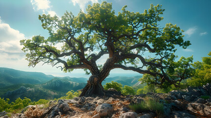 Obraz premium Majestic Tree on a Rocky Mountaintop - Illustration