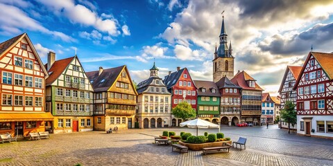 Fototapeta premium Ancient medieval town square surrounded by colorful half-timbered houses, Gothic church, and cobblestone streets, evoking a sense of charming European heritage.