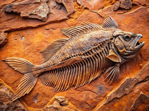 Ancient fossilized remains of a massive prehistoric fish, its scales and fins intricately preserved, lie embedded in a bed of rough, rusty-red sedimentary rock.