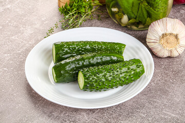 Homemade lighty salted cucumbers with herbs