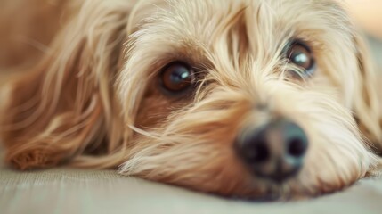  A tight shot of a dog's face, head lowered to the floor, eyes gaze wide open