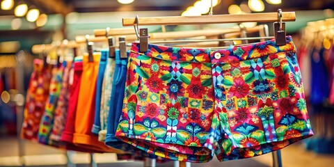 Naklejka premium A pair of brightly colored mini shorts hangs neatly on a hanger, showcasing a vibrant print with a blurred studio background in sharp creases.