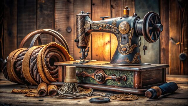 Antique sewing machine sits gracefully on rustic table, worn leather belt and cable reels whispering tales of nostalgic dedication and expert craftsmanship.