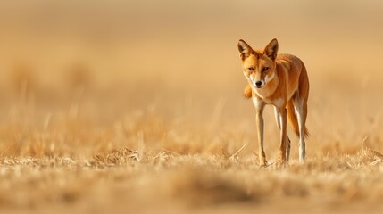 Fototapeta premium A small brown animal stands atop a dry grass-covered field, adjacent to a expansive expanse of tall, dry grass