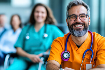 A smiling male doctor wearing orange scrubs and a stethoscope, exuding confidence and approachability, with a backdrop of a bustling hospital environment, symbolizing professional care.