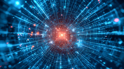 Abstract futuristic technology background with blue glowing lines and a red square in the center, cyber tunnel effect with energy particles on a dark backdrop