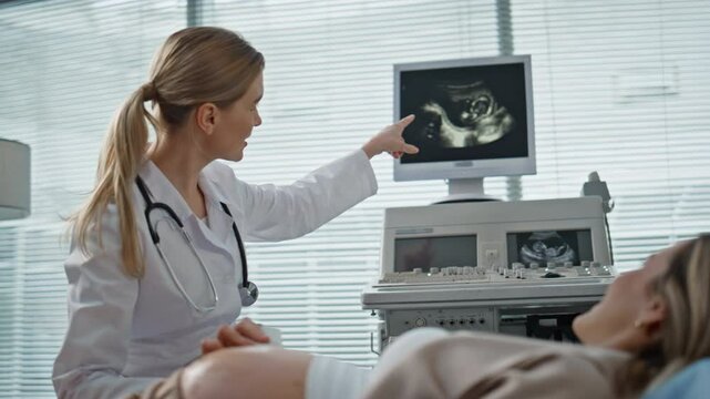 Gynecologist performing sonogram examination closeup. Happy doctor showing baby