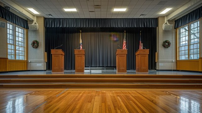A detailed view of a school assembly stage setup, with podiums, microphones, and decorations, featuring a clean background and lots of copy space for stage details.