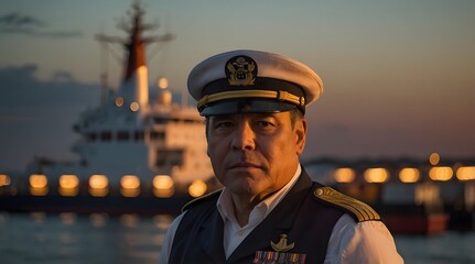 Obraz premium Portrait of a Naval Officer Against a Blurred Ship Background