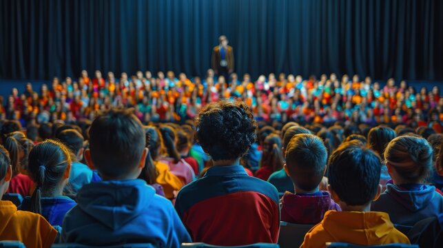 A vibrant image of a school assembly with a special guest speaker, featuring a clean background and ample copy space for guest speaker details.