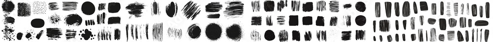 Poster modern set of shapes, frames isolated on white background in hand drawn abstractions of black paint 