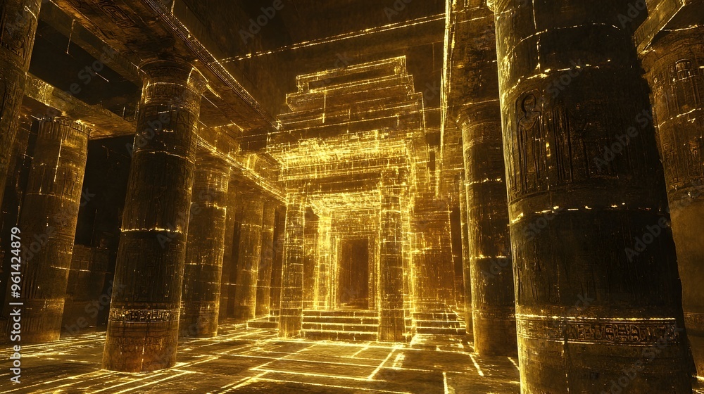 Poster holographic projection showcasing the detailed carvings and ornate architectural elements of an anci