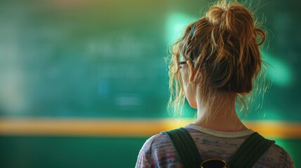 A close-up of a teacher or staff member presenting during a school assembly, with a minimalist background and plenty of copy space for presentation details.