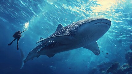 Obraz premium A diver swimming alongside a gentle whale shark, capturing the scale and majesty of the largest fish in the ocean.