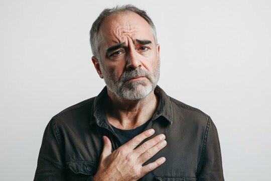 An older man with a beard wearing a dark coat clutches his chest with a look of concern on his face, standing against a plain background.