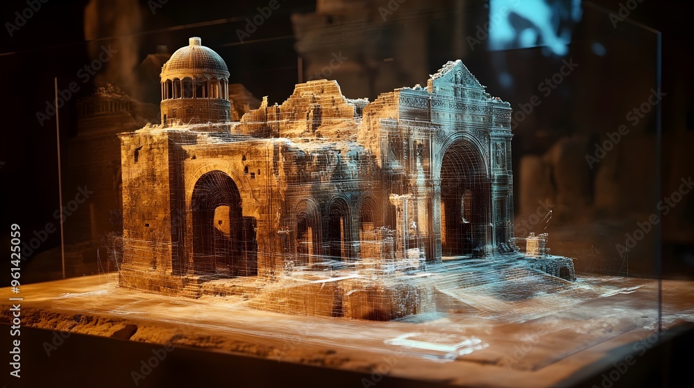 Poster a holographic 3d model of a historic and intricate architectural ruin projected in a futuristic digi