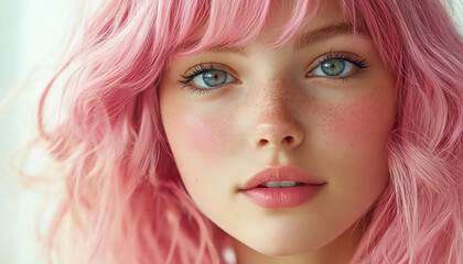 Fototapeta premium Young woman with pink hair and a serious expression, against a matching pink background