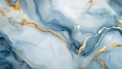 Fototapeta premium Abstract background blue marble agate granite mosaic with golden veins digital marbling illustration, fake painted artificial stone texture, marbled surface.
