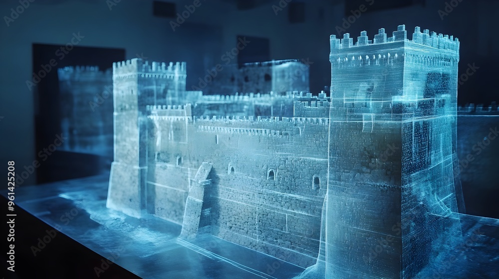 Poster holographic visualization of a reconstructed ancient fortress with detailed walls towers and archite