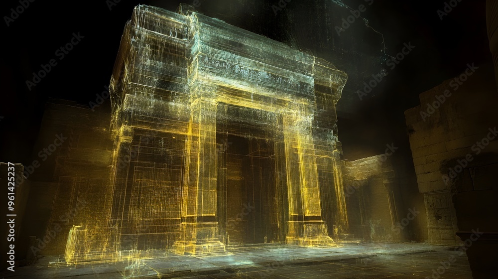 Poster a holographic visualization showcasing the detailed architectural features and weathered appearance 