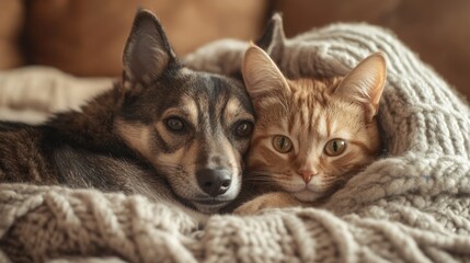 Obraz premium A dog and a cat cuddled up together, showing the unlikely friendship between different species, set in a cozy home.