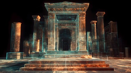 Fototapeta premium Holographic projection showcasing a digitally rendered historical monument with visible signs of age and wear creating an immersive and futuristic visualization of cultural heritage