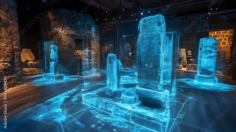 Poster a visually captivating holographic display showcasing the preserved and digitized artifacts from a r