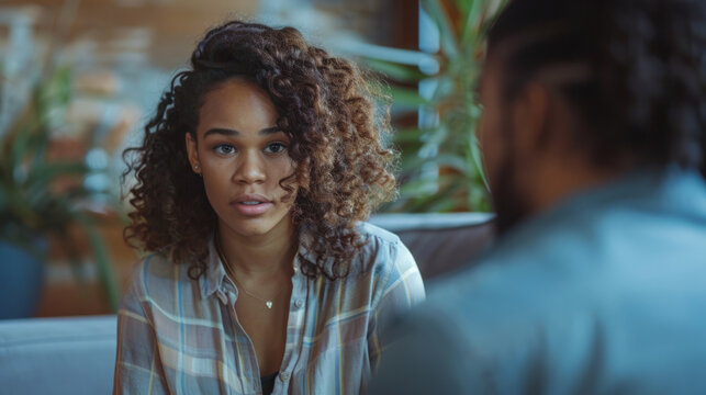 Young woman with curly hair engages in an earnest conversation indoors at a cozy, modern cafe during daylight