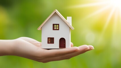 Naklejka premium Hand Holding Miniature House Model with Sunlight and Greenery - Real Estate, Home Ownership, and Sustainable Living Concept