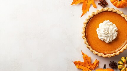 Autumn Pumpkin Pie with Whipped Cream and Fall Leaves