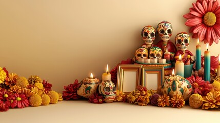 Day of the Dead Altar with Sugar Skulls, Flowers, and Candles.