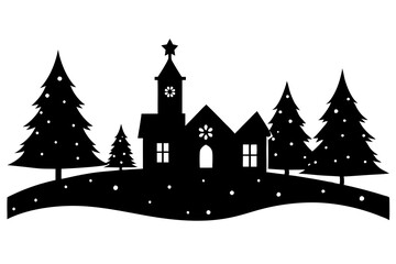 Obraz premium Christmas scene vector silhouette, christmas village clipart, merry christmas, christmas tree 