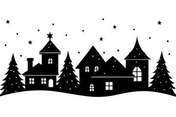 Christmas scene vector silhouette, christmas village clipart, merry christmas, christmas tree
