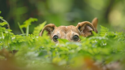  A dog's face, nose and eager eyes peer out from lush green leaves within a forest plant