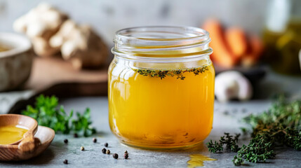 Freshly made bone broth in a jar with fresh herbs in a cozy kitchen