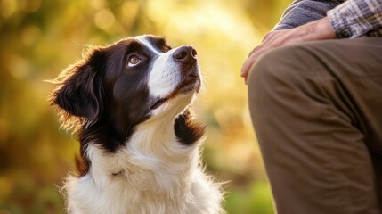 A dog sitting obediently next to its owner, looking up with attentive eyes, showcasing the bond between them.