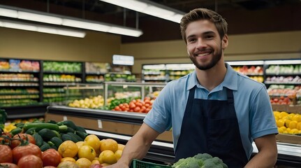 A smiling grocery store worker stocking produce