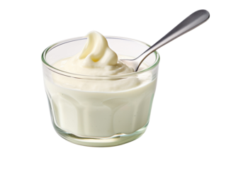 Fresh yogurt with spoon isolated on transparent and white background