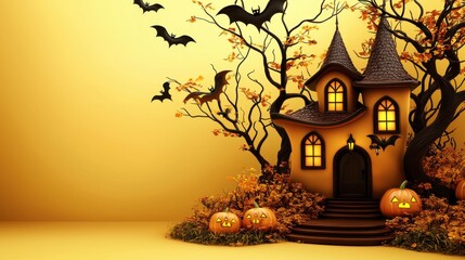 Halloween Haunted House With Jack O' Lanterns.