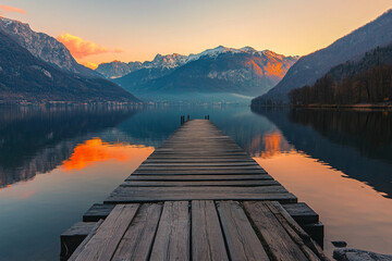 Obraz premium A wooden pier sits in front of a lake with mountains in the background. The water is calm and the sky is a beautiful mix of orange and pink hues. Concept of tranquility and serenity