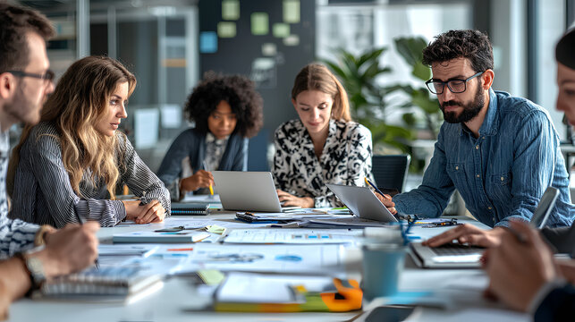 Busy open office with colleagues in an intense brainstorming session, documents on table in a bright modern workspace


